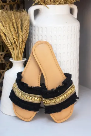 Black Tassel Fringe Studded Slider Style Sandals