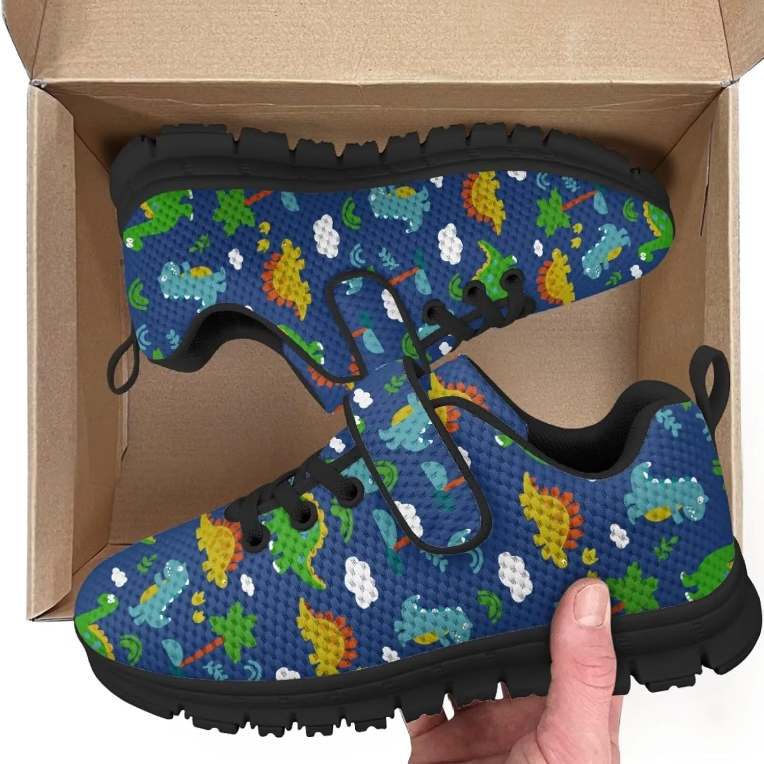 Children's Dinosaur School Sneaker Running Barefoot Shoes Lace Up Hiking Sneakers for Boys Girls