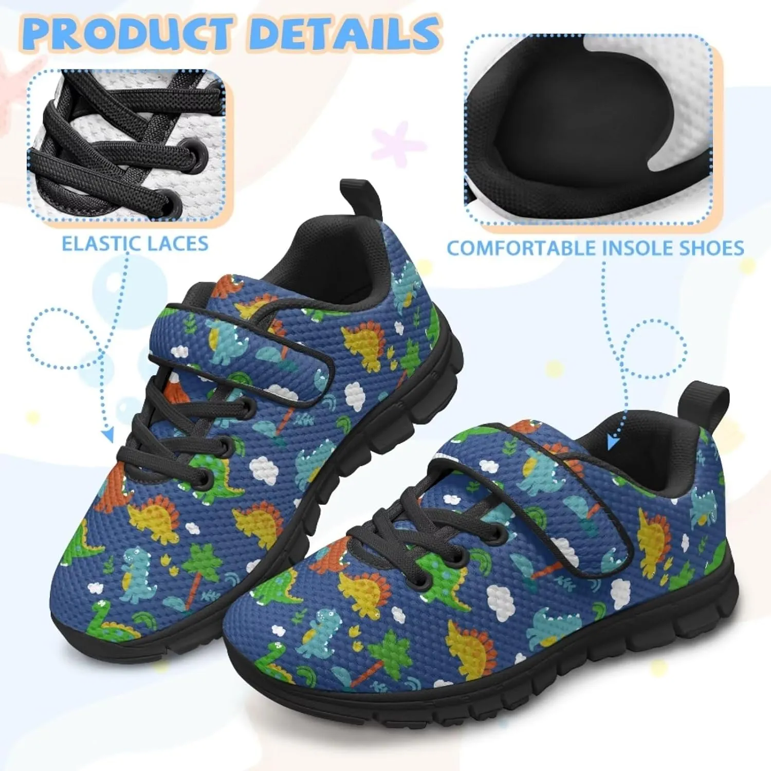 Children's Dinosaur School Sneaker Running Barefoot Shoes Lace Up Hiking Sneakers for Boys Girls