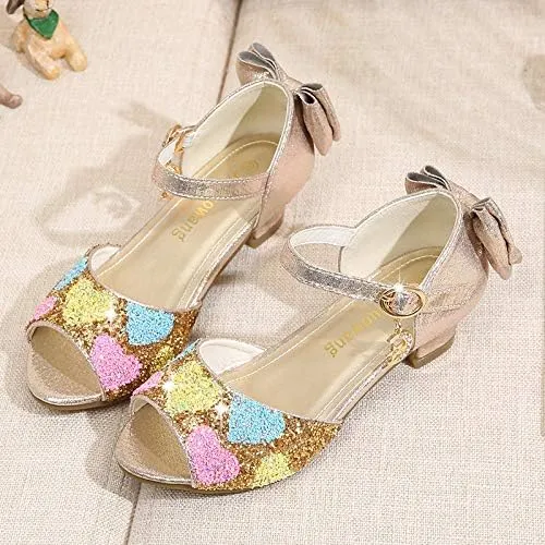 Girls Dress Shoes Wedding Party High Heel Mary Jane Sequined Heel Bow Princess Shoes Sandals