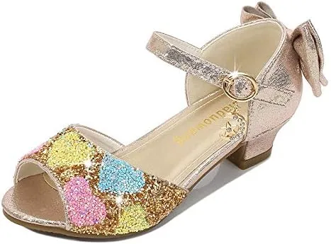 Girls Dress Shoes Wedding Party High Heel Mary Jane Sequined Heel Bow Princess Shoes Sandals