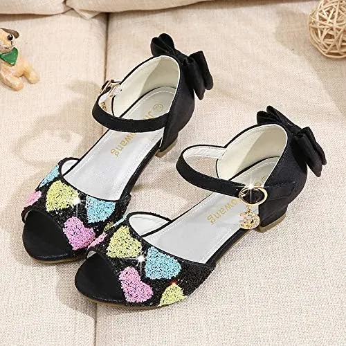 Girls Dress Shoes Wedding Party High Heel Mary Jane Sequined Heel Bow Princess Shoes Sandals