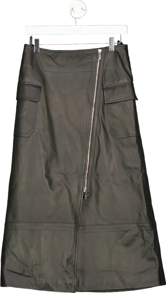 Karen Millen Black Leather Utility Pocket A-Line Zip Through Midi Skirt UK 10