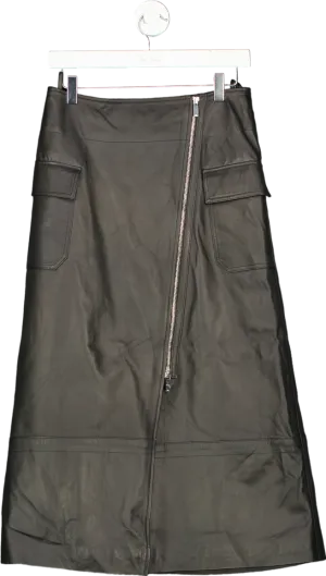 Karen Millen Black Leather Utility Pocket A-Line Zip Through Midi Skirt UK 10