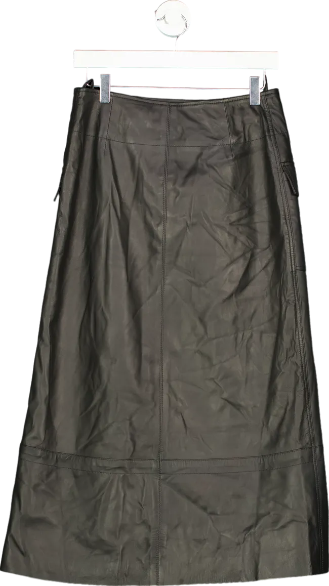 Karen Millen Black Leather Utility Pocket A-Line Zip Through Midi Skirt UK 10
