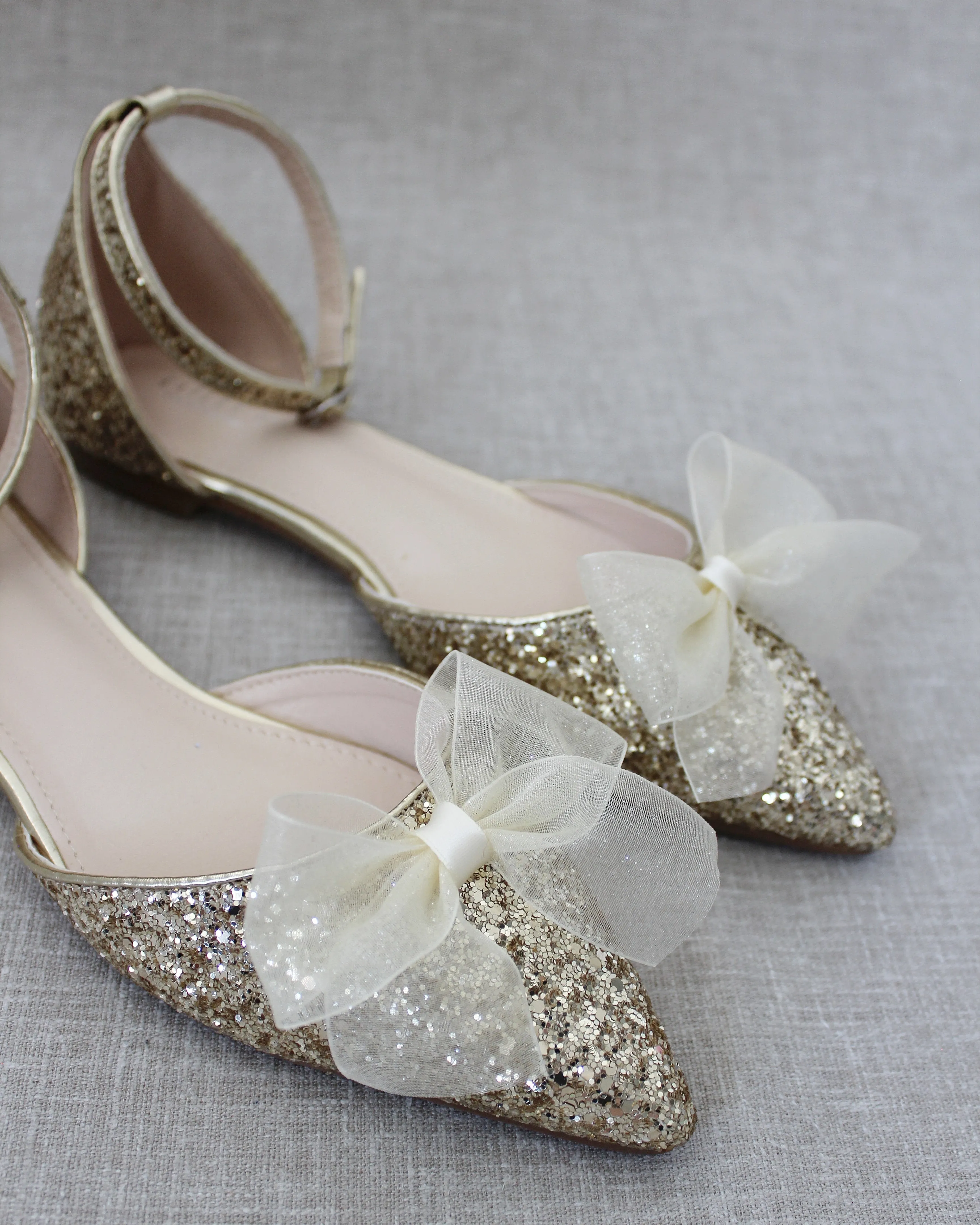 Rock Glitter Pointy Toe Flats with Ankle Strap and Organza Bow