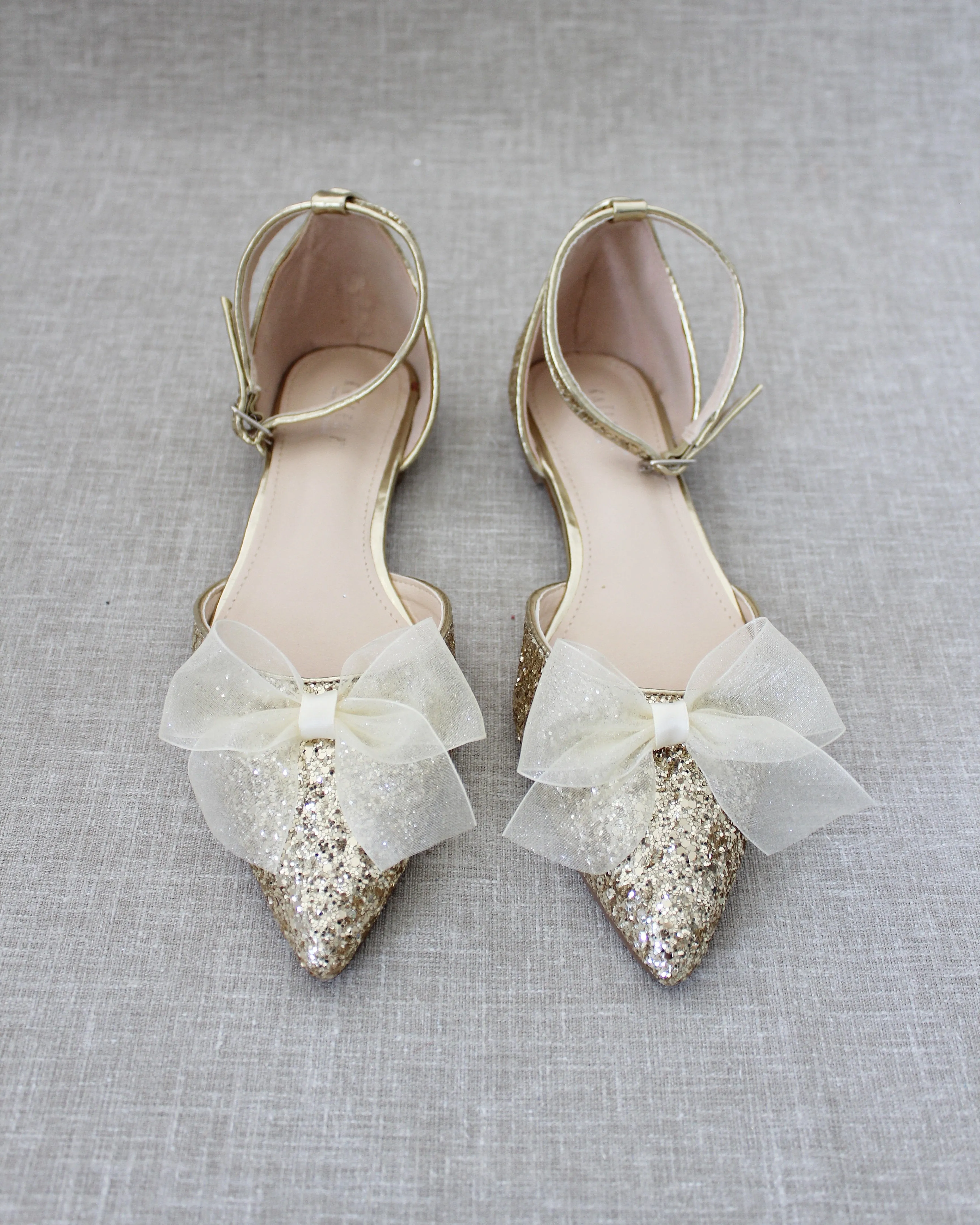 Rock Glitter Pointy Toe Flats with Ankle Strap and Organza Bow