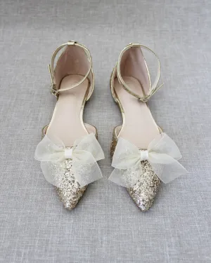 Rock Glitter Pointy Toe Flats with Ankle Strap and Organza Bow