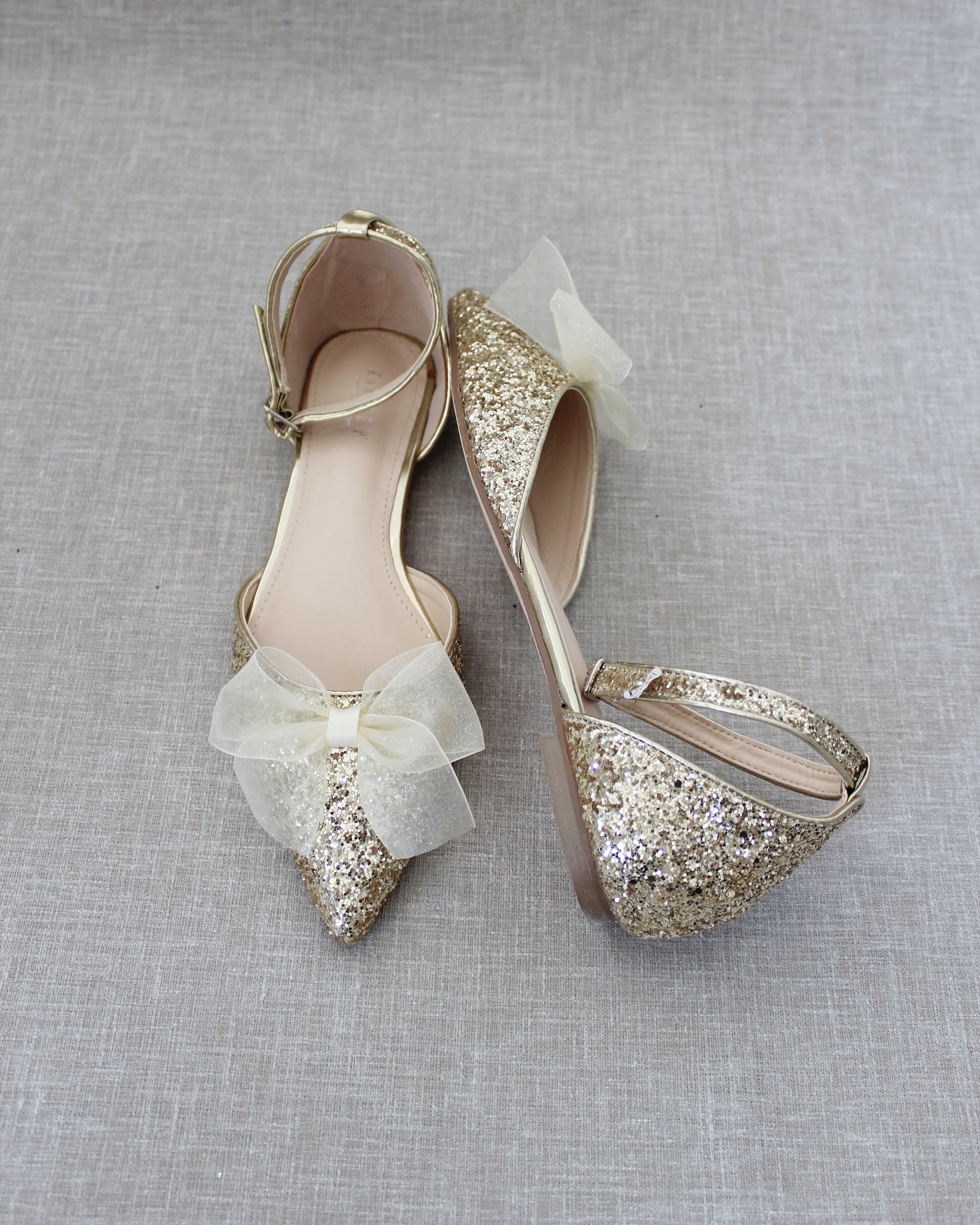 Rock Glitter Pointy Toe Flats with Ankle Strap and Organza Bow