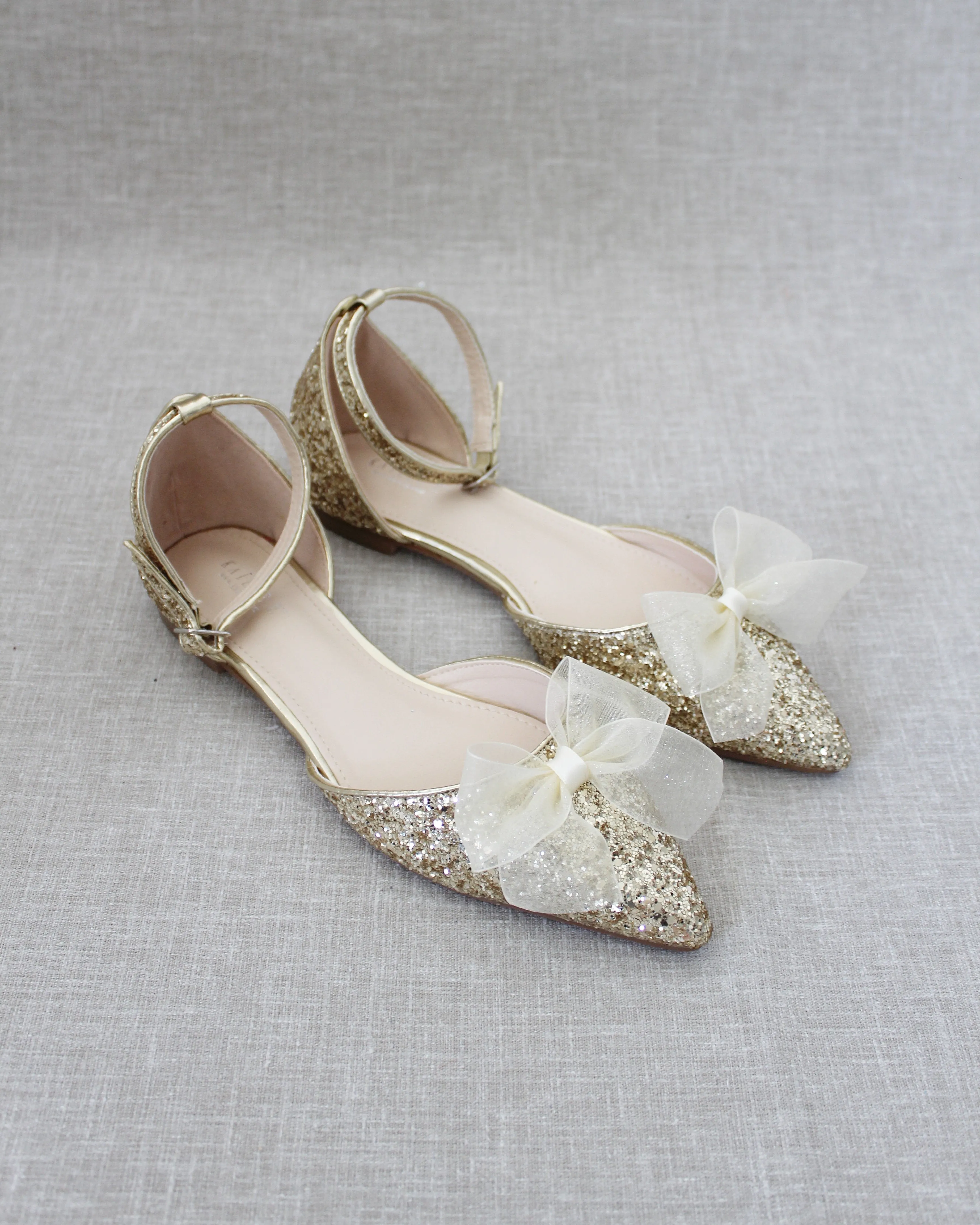 Rock Glitter Pointy Toe Flats with Ankle Strap and Organza Bow