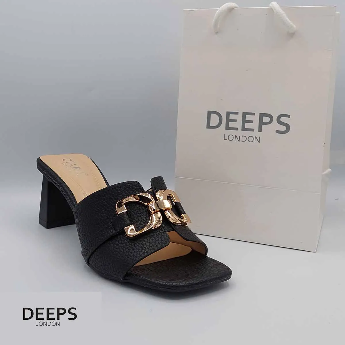TAYTUM TRENDY THIN MID BLOCK HEELED MULE SANDAL WITH GOLD BUCKLE