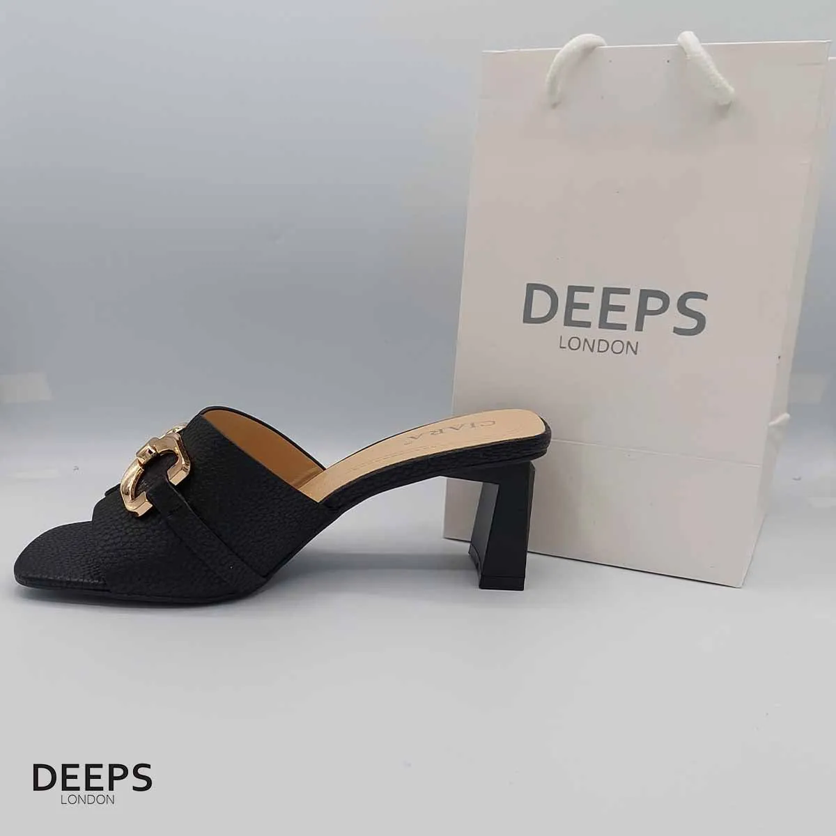 TAYTUM TRENDY THIN MID BLOCK HEELED MULE SANDAL WITH GOLD BUCKLE