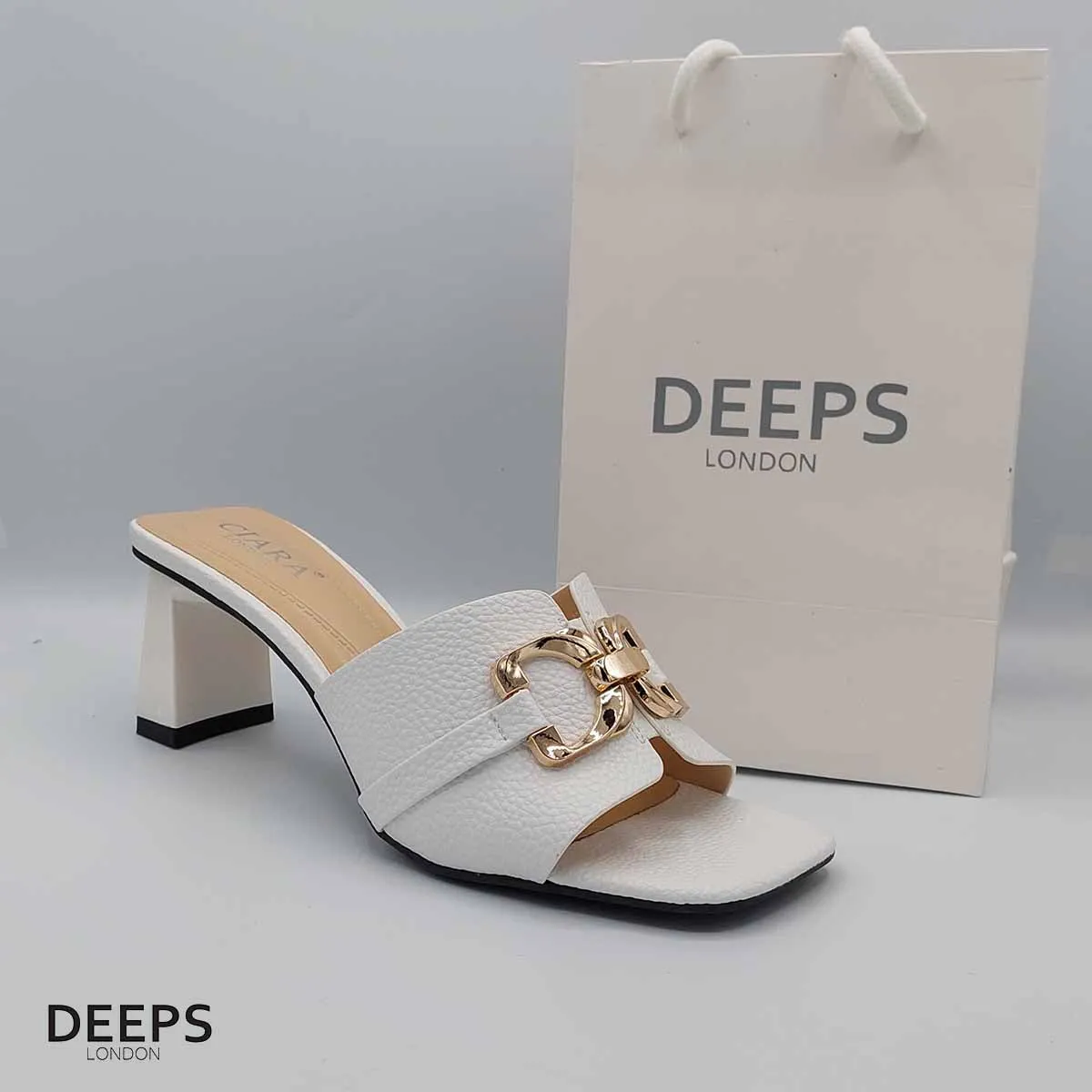 TAYTUM TRENDY THIN MID BLOCK HEELED MULE SANDAL WITH GOLD BUCKLE