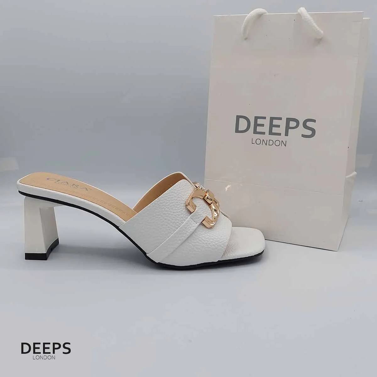 TAYTUM TRENDY THIN MID BLOCK HEELED MULE SANDAL WITH GOLD BUCKLE