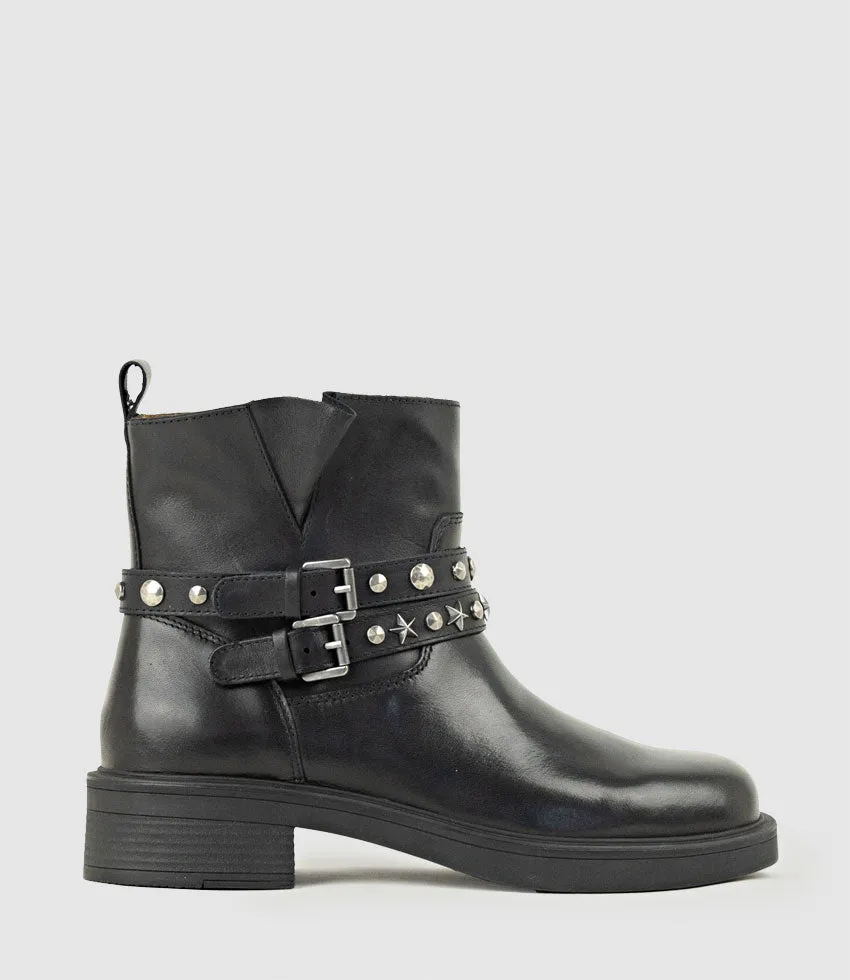 WAVERLY Ankle Boot with Studded Straps in Black Calf