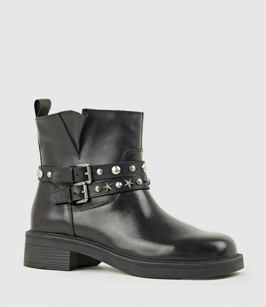 WAVERLY Ankle Boot with Studded Straps in Black Calf