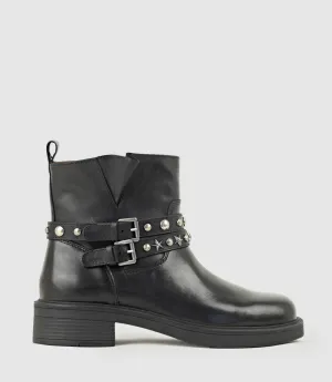 WAVERLY Ankle Boot with Studded Straps in Black Calf