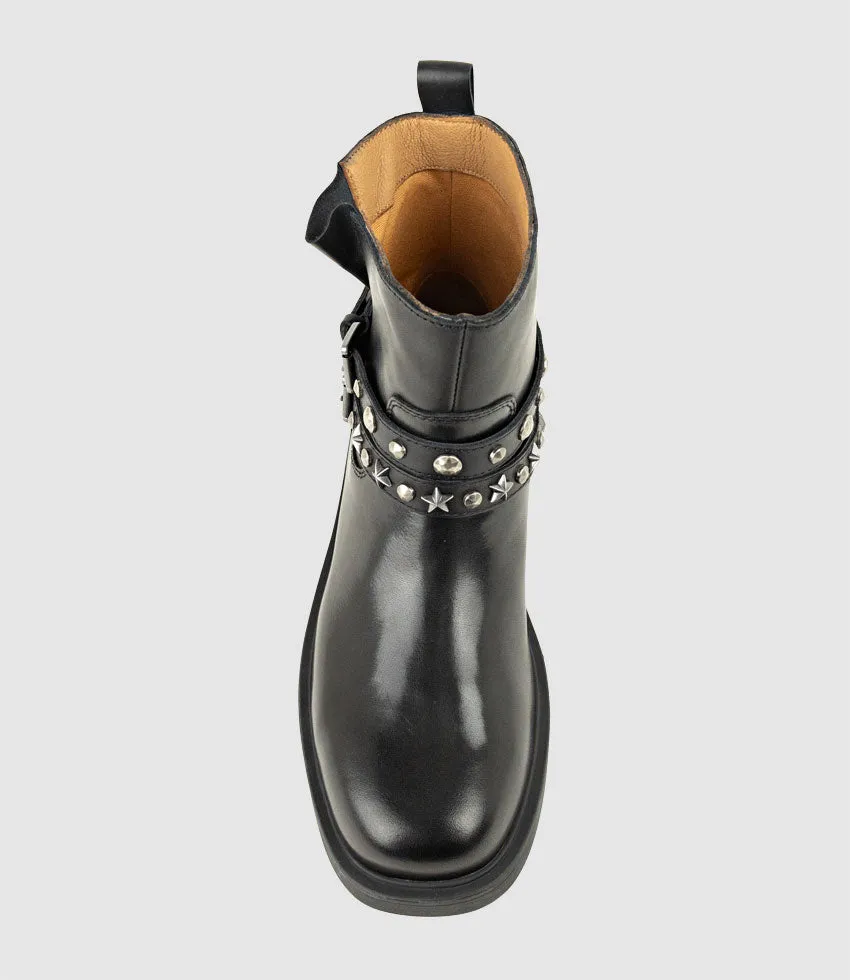 WAVERLY Ankle Boot with Studded Straps in Black Calf