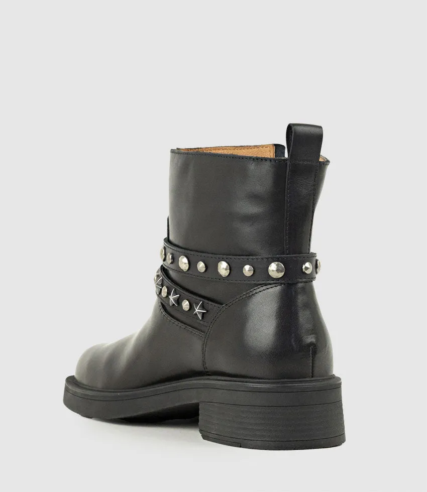 WAVERLY Ankle Boot with Studded Straps in Black Calf