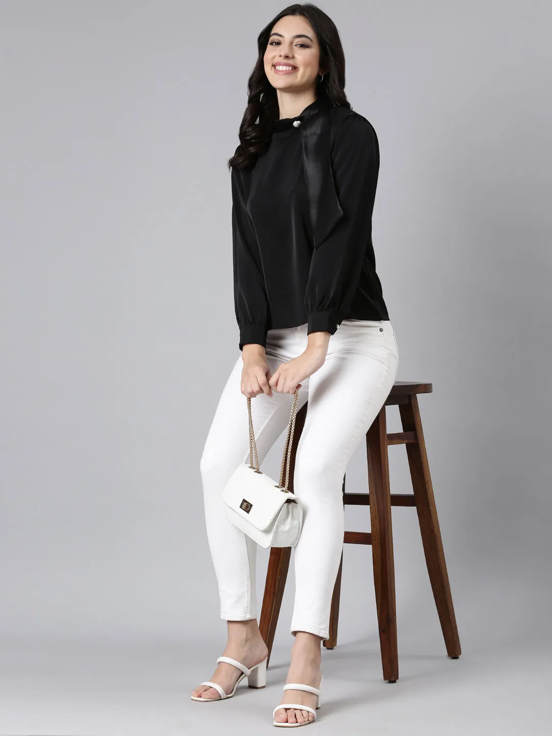 Women Solid Shirt Style Black Top
