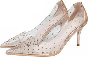 Women's Rhinestone Clear PVC Stiletto Pumps Sexy Pointed Toe Slip On Lightweight High Heel Dress Shoes for Party Prom Evening Wedding Shoes