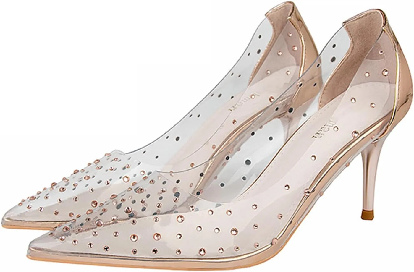 Women's Rhinestone Clear PVC Stiletto Pumps Sexy Pointed Toe Slip On Lightweight High Heel Dress Shoes for Party Prom Evening Wedding Shoes